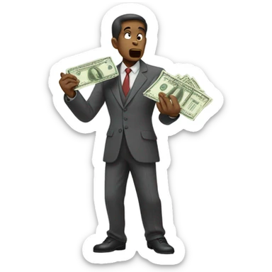 greedy standing man seeing money in his both hands sticker