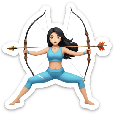 woman tanned long black hair, shooting arrow, sexy, yoga clothes sticker