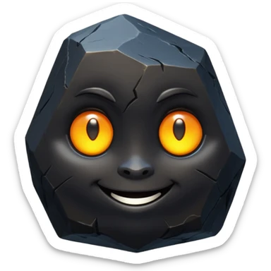 Single black obsidian rock character, thick and heavy with sharp facets and subtle reflections, carved cute face with glowing round eyes and a small smile, 3D render, high detail, soft backlighting, isolated on a plain dark background. sticker