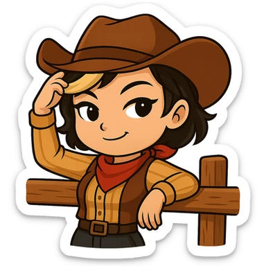 Sexy chibi cowgirl with short hair and a blonde streak, wearing a cowboy hat and western outfit, no guns. Chibi/anime style, transparent background, sized for Twitch or Discord use. Pose: leaning against a fence, one hand on hat, confident smirk. sticker