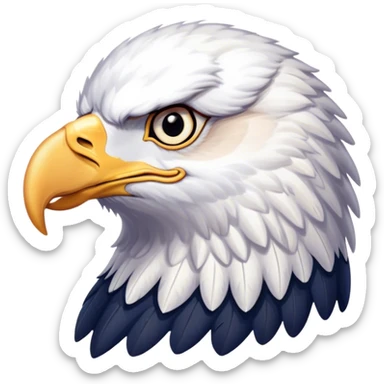 Cinematic Noble American Eagle Portrait Emoji, Poised and regal, with a powerful, broad build, a distinctive white-headed silhouette contrasting a dark, formidable body, and piercing, intense eyes, Simplified yet sharp and sophisticated features, highly detailed, glowing with a soft, majestic radiance, high shine, intelligent and commanding, stylized with an air of national pride, focused and vigilant, soft glowing outline, capturing the essence of a watchful and confident American eagle that appears ready to soar out of the screen with effortless authority! sticker