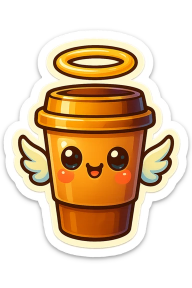 Tall coffee cup, shiney eyes, angel halo, wings sticker