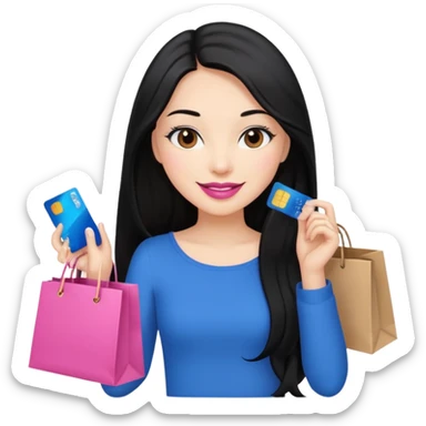Girl with long black hair, pink lipstick, brown eyes holding shopping bags and blue credit card sticker