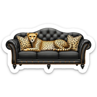 detailed, hyperrealism, still life style, beautiful realistic black leather sofa, with decorative cheetah pattern print realistic 3d vintage patterned pillows, masterpiece  sticker