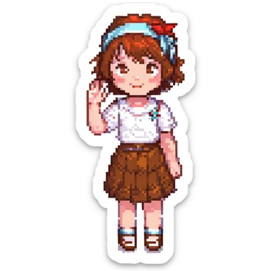 girl with short brown hair and a red headband, pixel art style, waving sticker