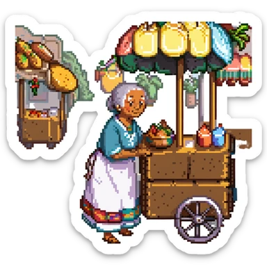 old Mexican lady pushing a food cart, warm and friendly, traditional dress, vibrant colors, street vendor, detailed, no text, pixel art style sticker