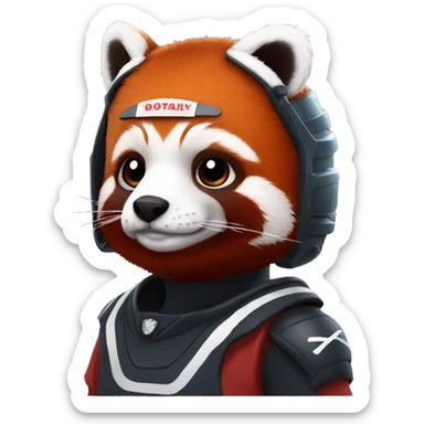 red panda with hockey helmet on that has a red tinted clear face mask sticker