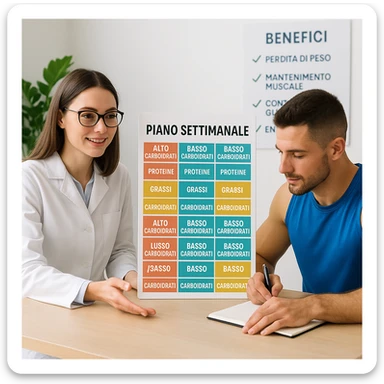 a nutritionist and an athlete sitting at a table with a vertical weekly planner showing alternating high-carb and low-carb days, color-coded sections for proteins, fats, and carbohydrates, text in Italian written vertically. The atmosphere is educational and professional, the athlete is taking notes, and a chart showing benefits is in the background. sticker