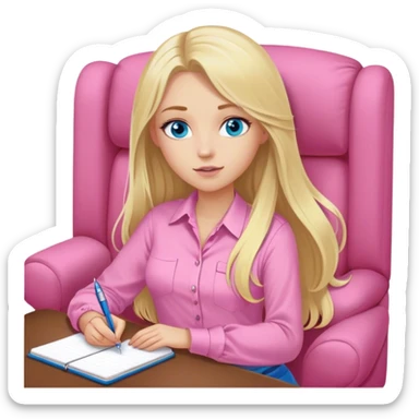 A cinematic realistic blonde with long hair and blue eyes, dressed in a pink shirt, sits on an armchair with a notebook and pen in her hands sticker