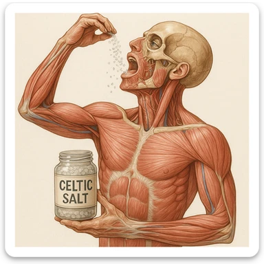 medical illustration of a realistic human body holding a jar labeled 'CELTIC SALT', throwing salt into his mouth during breakfast, detailed and anatomically accurate, realistic style, clear label on jar sticker