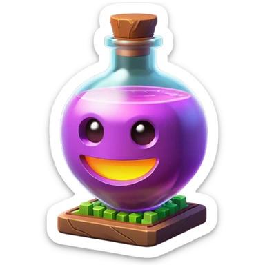 Clash of Clans aesthetic: Cinematic Playful Pixel 3D Magic Potion Portrait Emoji, rendered in a 3D vector-style similar to standard emojis with minimal shading and bold, simplified shapes. A compact, distinct form with signature details, softly glowing with a pixelated adventure charm. Simplified yet unmistakably iconic, highly detailed and consistent, glowing with a soft radiance and high shine. Stylized with a touch of classic pixel-art charm and a soft glowing outline, capturing the essence of a beloved gaming relic with a friendly, playful manner! sticker