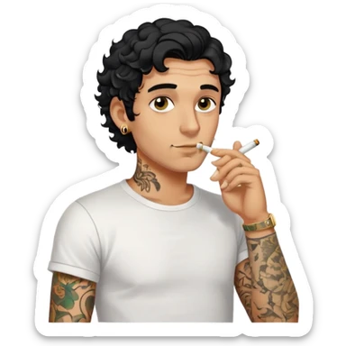 Italian man with tanned skin, curly black hair in short bob style, stubble, olive eyes, gold earring in left ear, white t-shirt, black tattoo on forearm, smoking cigarette sticker