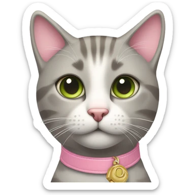 grey and tan cat with cream pattern on her forehead. Pink collar with pink bell.  Green eyes and a pink nose sticker