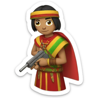 An Inca man, neck-length black hair, wearing a red headband and wearing a red poncho (with yellow, green and red lines) and holding a pistol sticker