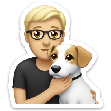 A couple cuddling a jack Russell, the men is white and have black hair and glasses and the woman is blonde but without glasses  sticker