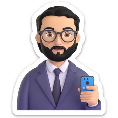 same professional man with medium black beard, neat black hair, connected unibrow, olive tan skin, brown eyes, glasses, prominent nose, dressed in formal black jacket, with mobile phone sticker