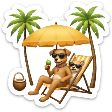 a dog laied on a beach chair, a sunny beach, a sun umbrella, and beach coconut trees. the icon should capture the essence of a relaxing beach vacation with a carefree atmosphere sticker