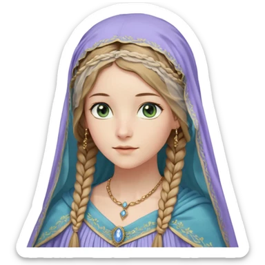 Joven de unos 30 años, de aspecto dulce y elegante.
Piel clara, ojos (pueden ser azules o verdes)
Rubio o castaño claro, largo, con trenzas o velo.
Vestido largo de tonos suaves (blanco, azul o lavanda), con bordados dorados; un manto o toca fina cubriendo la cabeza. Que se vea todo el cuerpo sticker