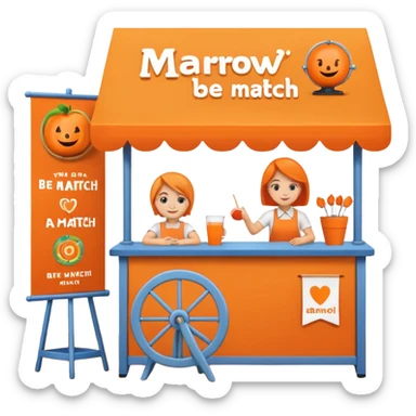 emoji of a recruitment booth. Two cartoon figures stand behind an orange colored table with 'MARROW, be a match' branding, a colorful spinning wheel, and a branded vertical banner. Simplified and cute. sticker