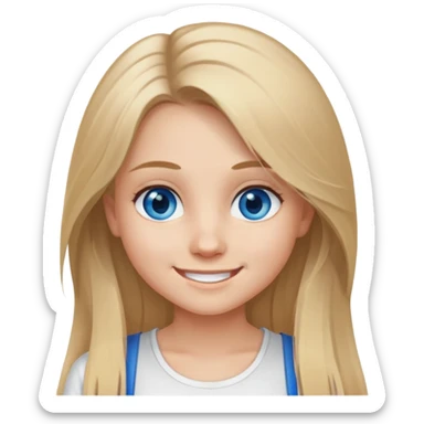 girl with long dirty blond hair, blue eyes, wearing a white top, smiling sticker