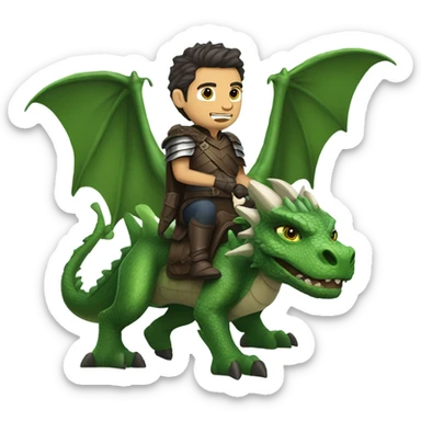 Determined armored White Man with dark brown pompadour hair and a short beard riding on the back of a giant green dragon sticker