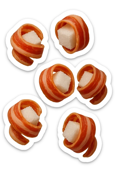 zollette di zucchero fluttuano in aria con pezzi di colon arrotolati intorno ad ogni zolletta, iperrealistico 4k sticker