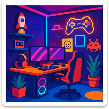 gaming room with neon accents and fun decor in vibrant toon style sticker