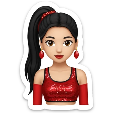 Jade from Bratz with long black ponytail hair, light skin, brown eyes, red sequin crop top sticker