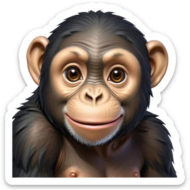 Cinematic Cute Chimpanzee Portrait Emoji, Head tilted playfully and inquisitively, with a smooth, expressive face accented by softly ruffled fur and round, sparkling eyes full of mischief, Simplified yet irresistibly adorable features, highly detailed, glowing with a warm, friendly glow, high shine, affectionate and lively, stylized with a touch of whimsical charm, soft glowing outline, capturing the essence of a mischievous yet loving chimpanzee that feels like it could leap out of the screen into your arms! sticker