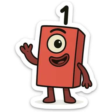 Numberblock 1, red block with a single eye and a smiling face, simple friendly cartoon style, playful and minimalistic, kids cartoon style sticker