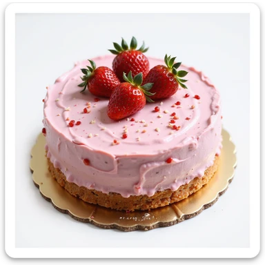 realistic round cake with pink frosting and strawberries, photorealistic style sticker