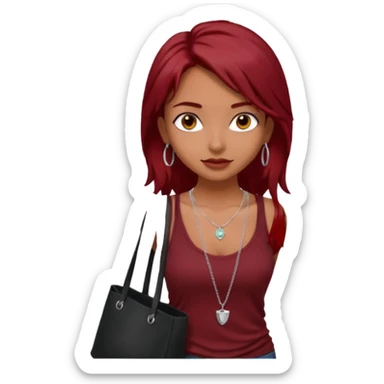 a pretty tan indian bratz girl with messy dark red hair, wearing a dark red tank top, layered silver necklaces. Carrying a black tote bag sticker