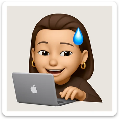 make her typing on a laptop and add golden ring earrings, keep the same style as the original image sticker