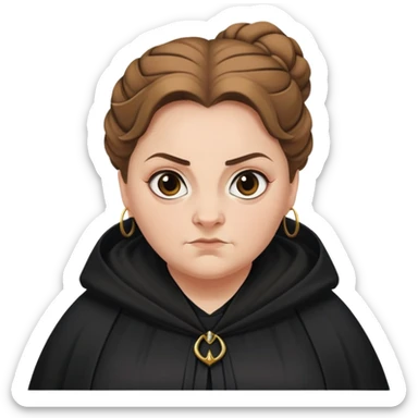 Alecto Carrow in harry potter, a white fat woman , one knot bun light brown hair, look evil, black cloak sticker