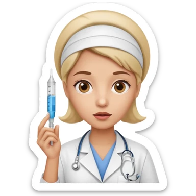healthcare professional nurse holding a syringe in hand, doubtful expression, wide eyes, mouth in 'O' shape, as if wondering something sticker