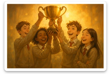 four students lifting a trophy, warm atmosphere, semi-realistic style, golden light sticker