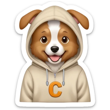 Dog wearing a hoodie with the letter c on it sticker