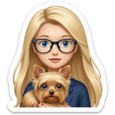 Blonde balayage long hair women with blue eyes wearing glasses holding a Yorkshire terrier  sticker