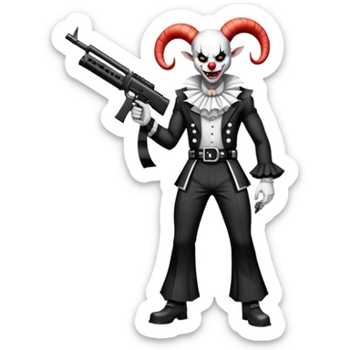 full-body muscular demonic clown in a black and white leisure suit with bellbottom pants, bald, with black ram horns, flashy black and white belt, ruffled white shirt, no neck tie, large fangs, holding a very large futuristic rifle sticker