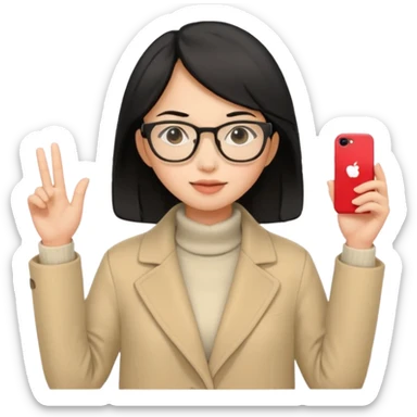 asian young woman black-haired in beige coat with glasses sticker