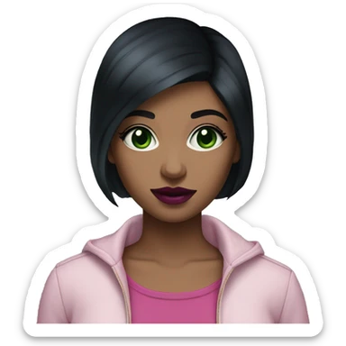 Girl with short black hair and dark green eyes with dark pink lipstick sticker