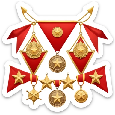 Icon for Collecting Orders, Medals & Badges: a variety of vintage orders, medals and badges, displayed neatly on a big red pennant or in a display case. The icon should reflect the honor and historical significance of these collectible items. Transparent background. sticker