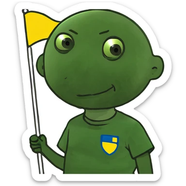 bald boy with flag sticker