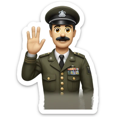 A guy with a side part hair and a mustache that looks like charlie chaplin’s mustache raising their hand and wearing army clothes sticker