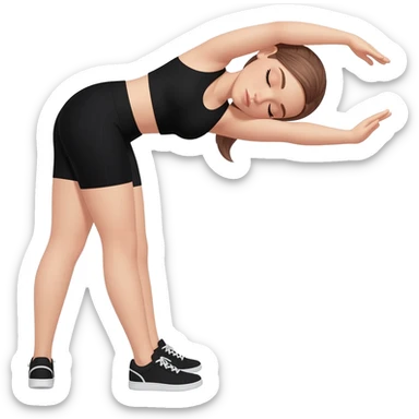 gentle bedtime stretch with sleepy mood, fair-skinned woman, gray-blue eyes, ash brown brows, ash light brown hair tied back, slim athletic body, black workout set, black sneakers with white soles sticker