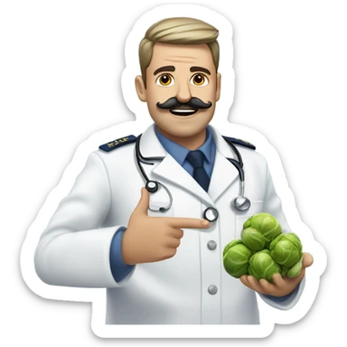 Navy doctor with moustache being goofy with Brussels sprouts  sticker