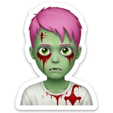 green zombie boy with blood with scratches, pink hair and eyebrows, and a white shirt sticker