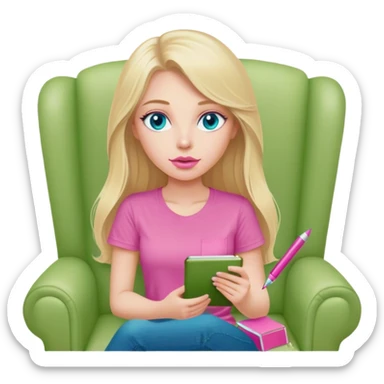 Cinematic realistic blonde with long hair, blue eyes and pink lips, dressed in a green T-shirt, sits in a beige armchair with a pink notebook and pen in her hands sticker