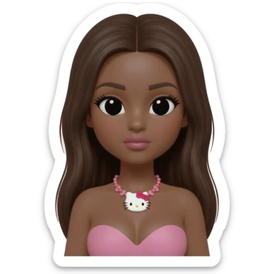 hello kitty necklace, doll eyes, Doll, big chest, dark brown skin, with middle part long dark brunette hair,  black cute eyes, pink bows with cute lips sticker