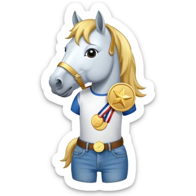 friendly anthropomorphised horse in jeans and a t-shirt, wearing a gold medal sticker
